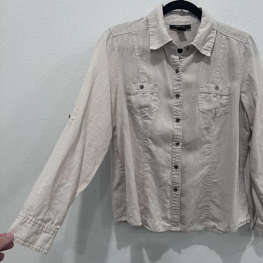 Women’s Linen Tan Button Up Shirt Tab Sleeve Size 12 Resort Vacation Coastal - Picture 3 of 7